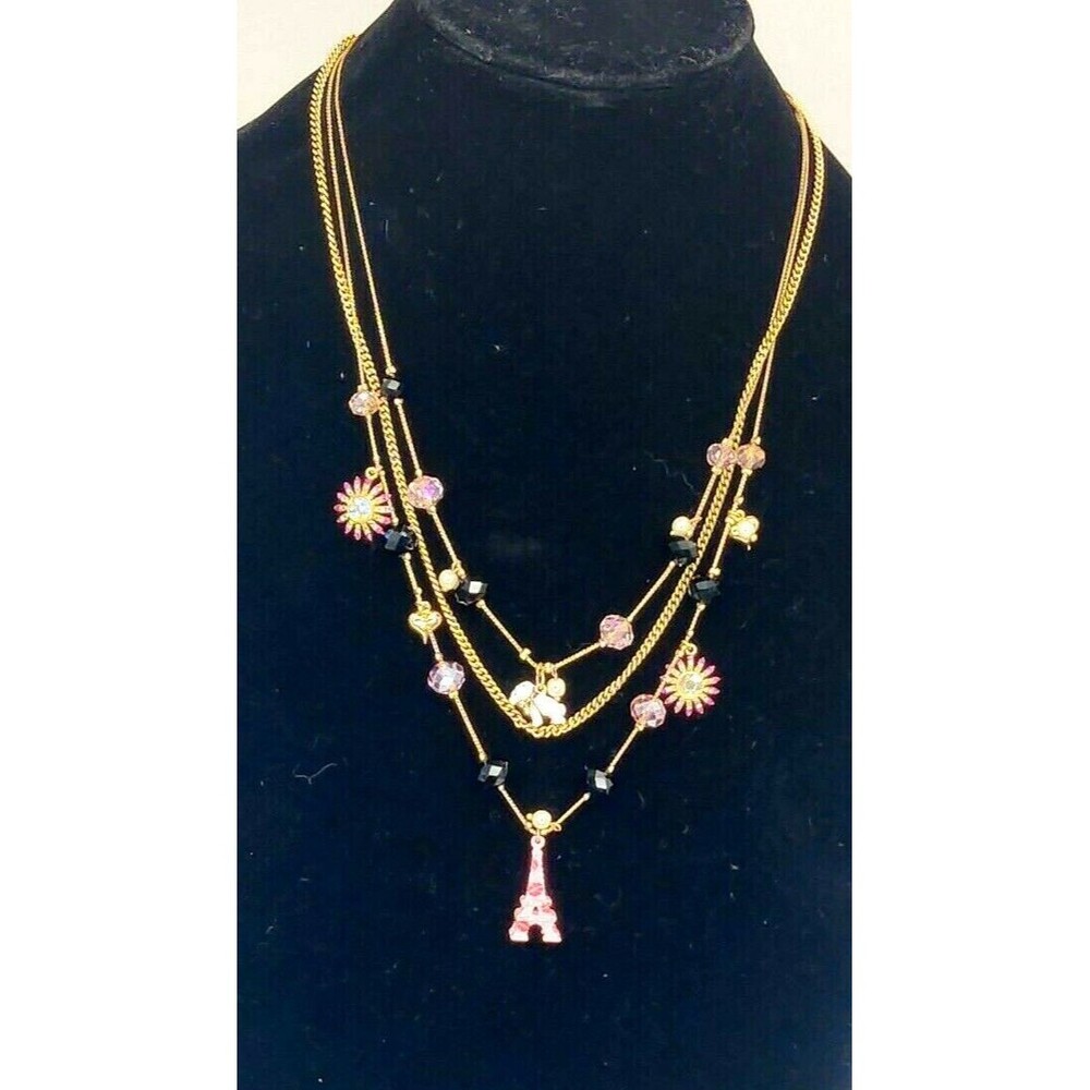 Betsey Johnson 3 Strand Necklace Pink Kisses Eiffel Tower Station Beads Charms
